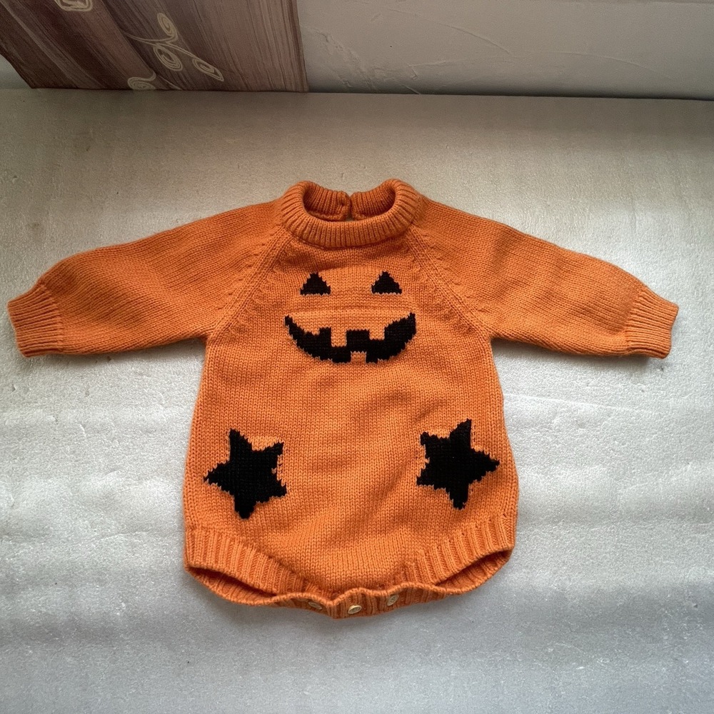 Orange Black Jack‎ O Lantern Halloween Knit Romper Baby 3-6 Months Long Sleeve